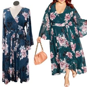 City Chic Plus Sz 18 Fleetwood Print Maxi Dress Jade Blossom Wrap Kimono Sleeve